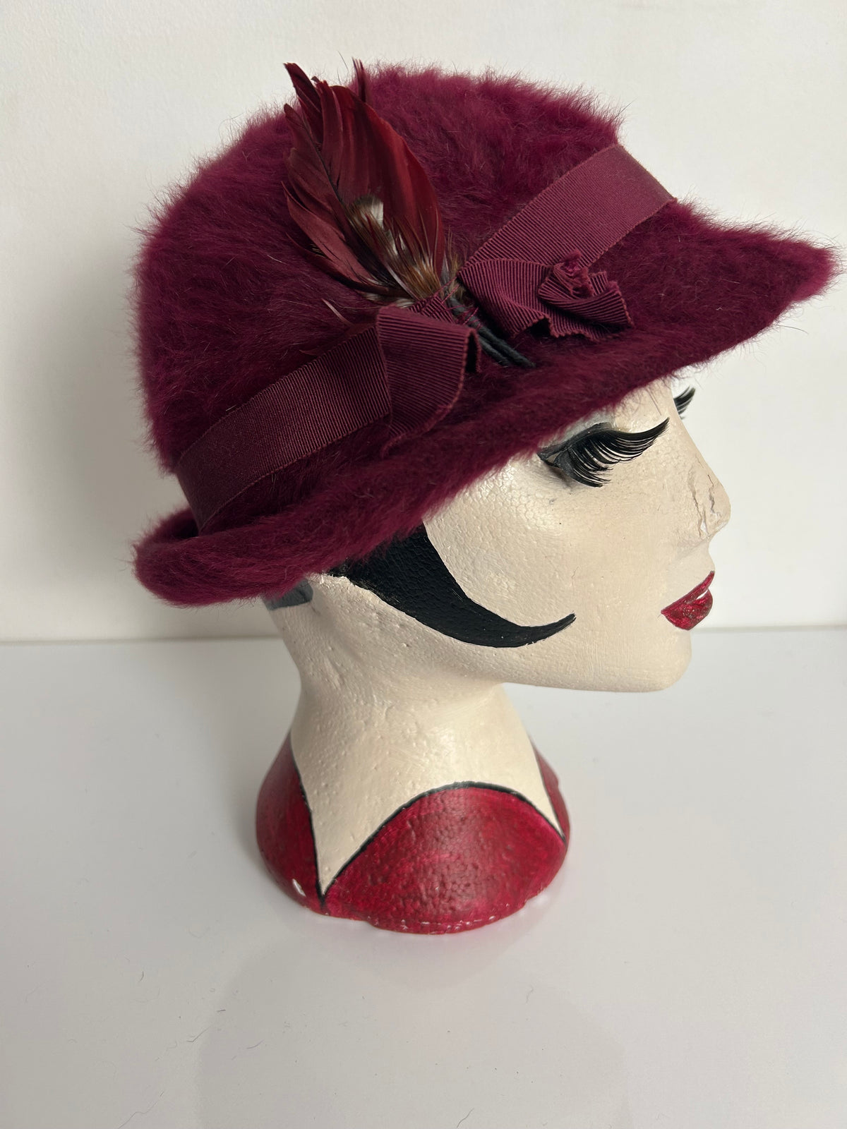 Vintage MARIE FRANCOISE, PARIS Red Wine Angora Mix Feather Detail Hat