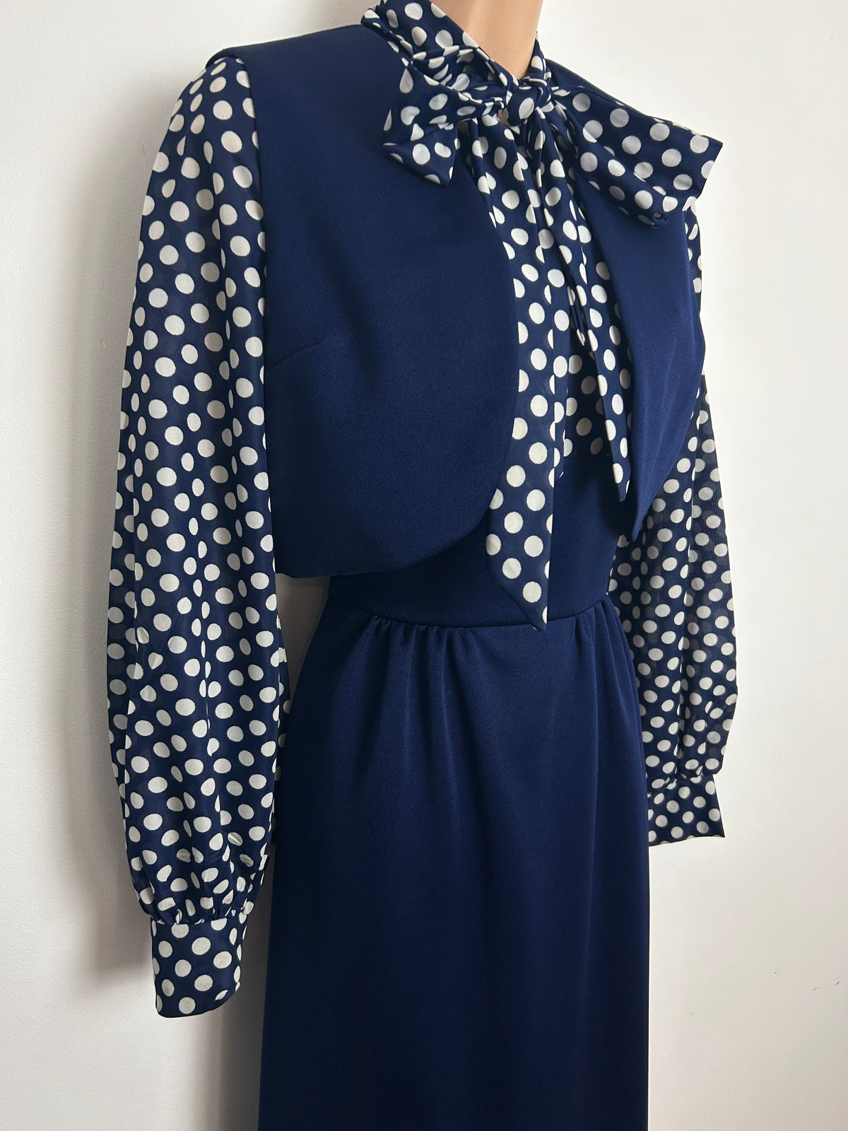 Vintage 1970s BARNABY Size 8 Navy Blue & White Polka Dot Pussy Bow Maxi Dress & Matching Waistcoat