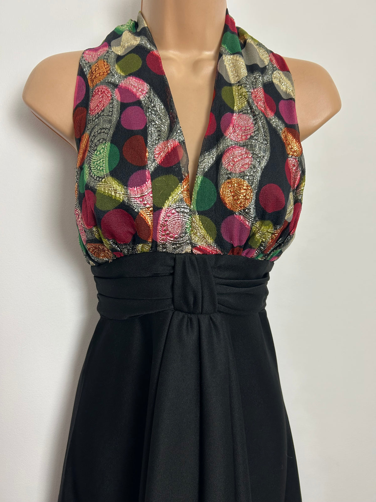 Vintage 1970s Size 6-8 Black Green Purple Maroon & Gold Lurex Spot Pattern Evening Party Dress