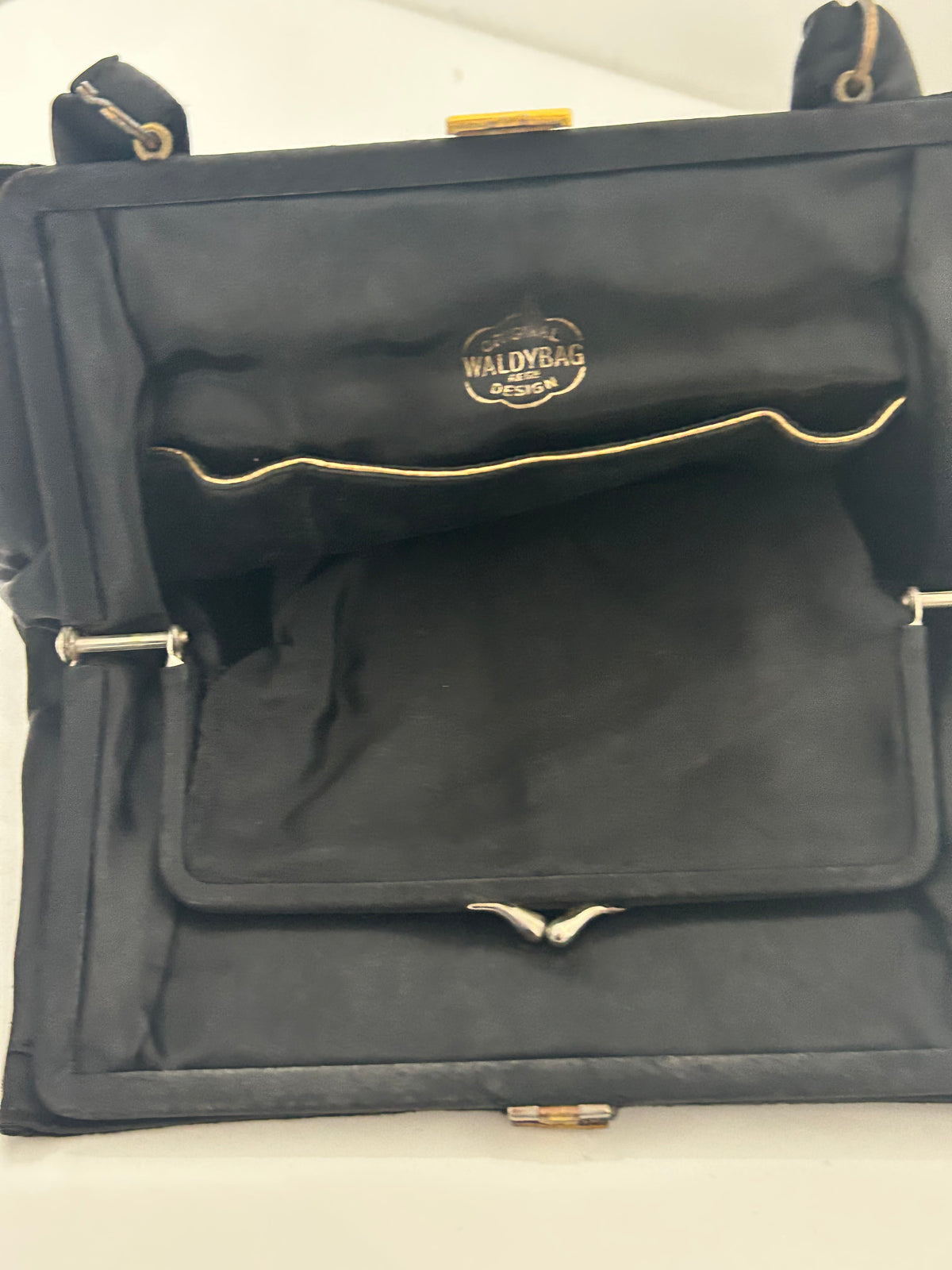 Vintage Early 1950s WALDYBAG Black Velvet Hand Painted Silver & Gold Floral Pattern Cocktail Handbag