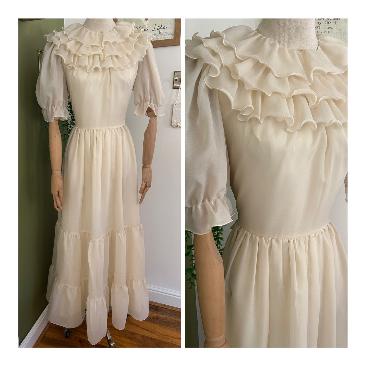Vintage 1970s LINA C Size 10 Cream Ruffle Layer Boho Prairie Bridal Inspired Summer Maxi Dress