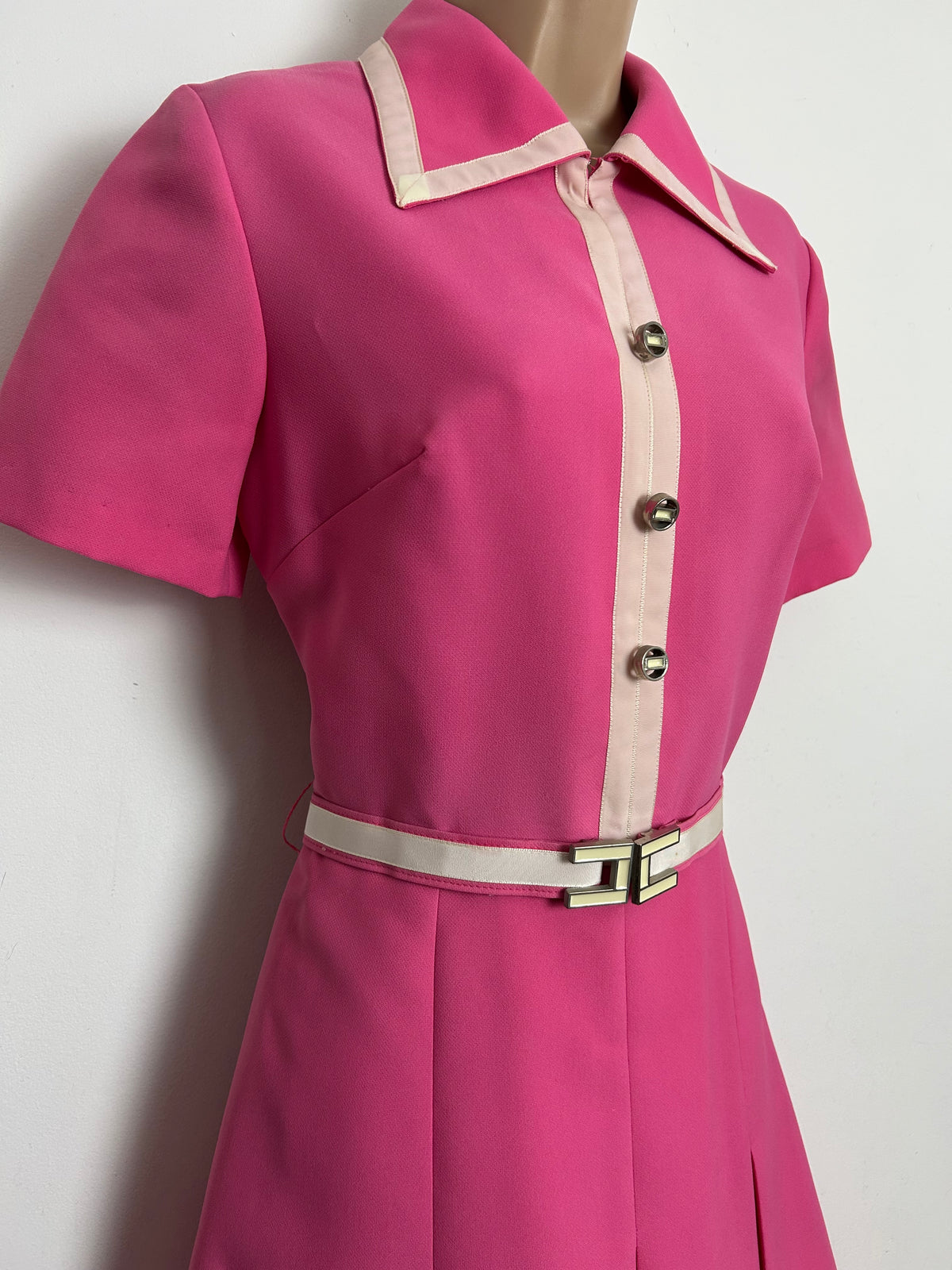 Vintage Late 1960s BERNARD FRERES Size 10 Candy Pink Belted Pleated Mod Dress