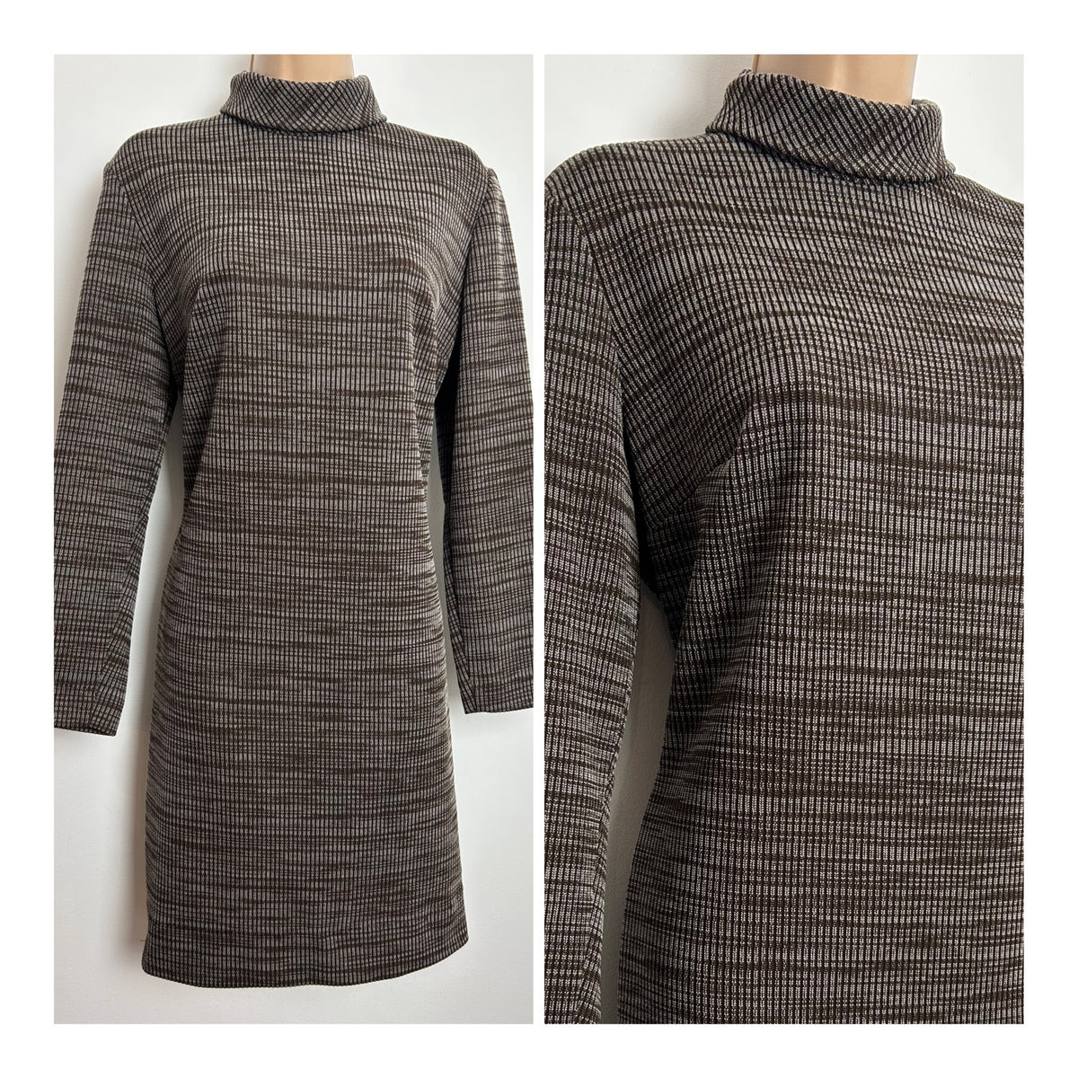 Vintage 1960s BUTTE KNIT Size 12-14 Brown Rib Knit Roll Neck Long Sleeve Shift Dress