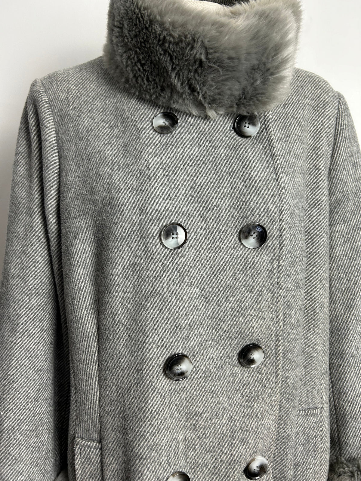 Gorgeous JACQUES VERT Size 14 Grey Wool Mix Faux Fur Trimmed Funnel Neck Double Breasted Coat