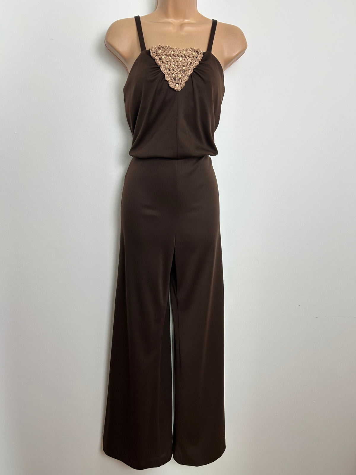 Vintage Late 1970s Size 8 Chocolate Brown Crochet Panel Wide Flared Leg Jumpsuit