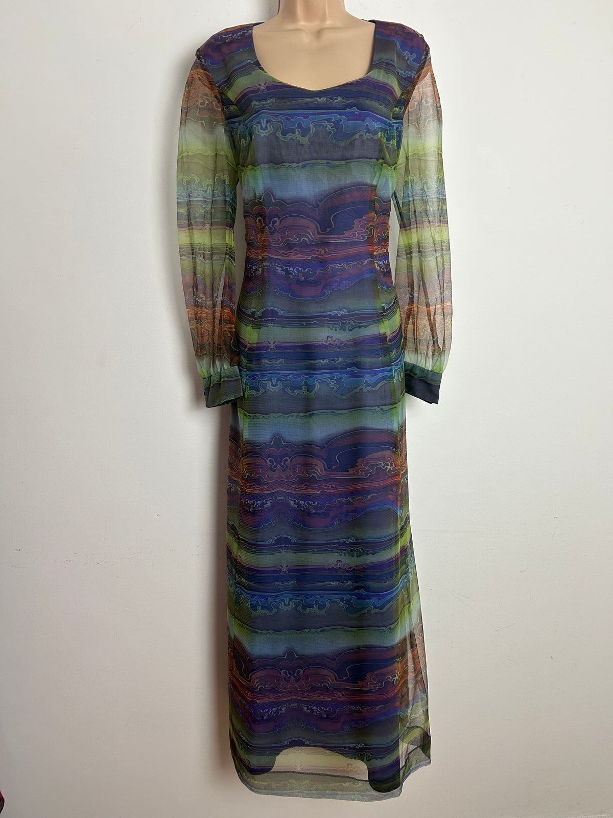 Vintage 1970s LINDA LEIGH Size 12 Blue Purple & Green Abstract Print Chiffon Long Sleeve Maxi Dress