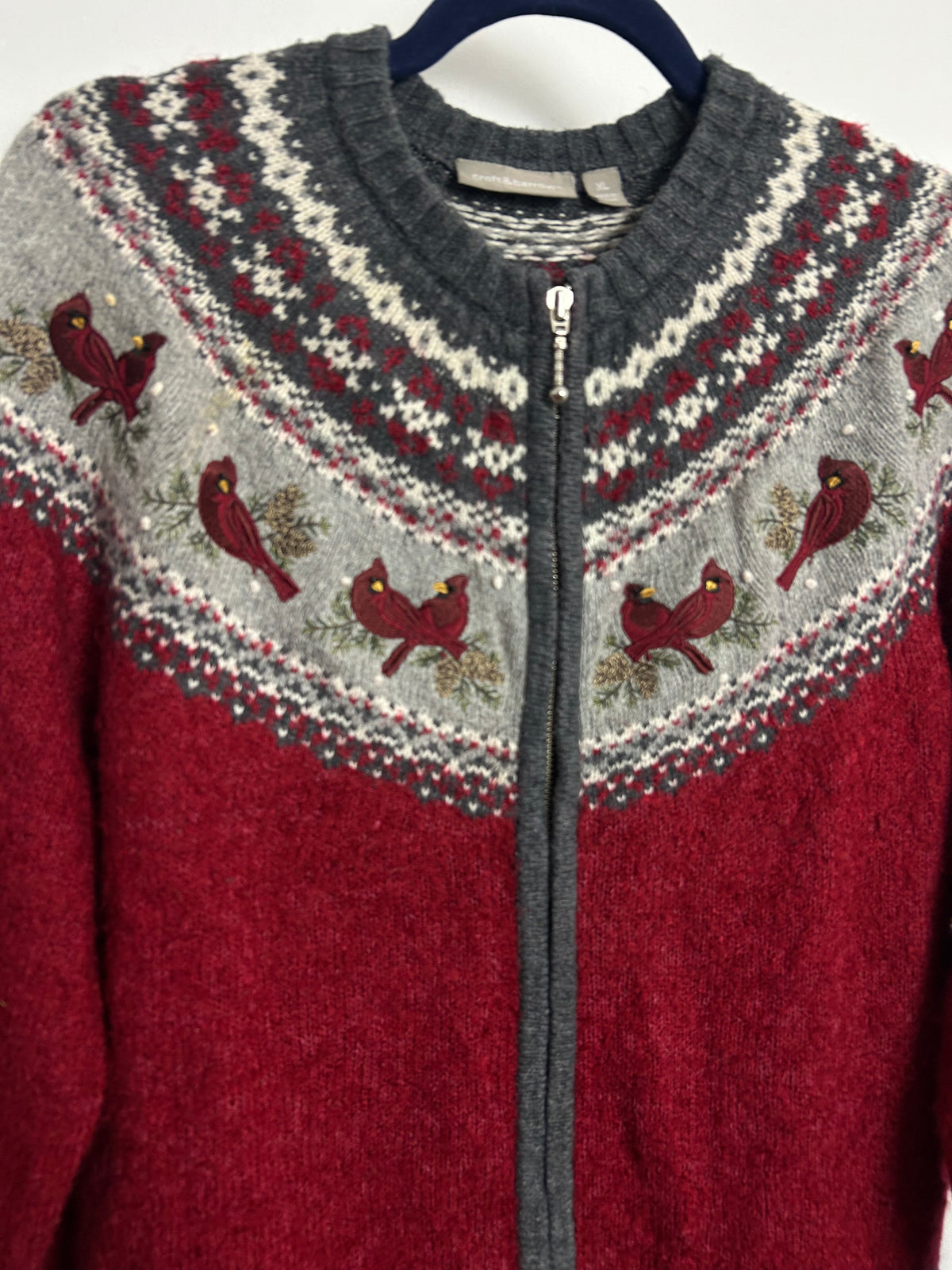 Vintage 1990s CROFT & BARROW Size 16-18 Red & Grey Cardinal Fair Isle Style Silk Mix Cardigan