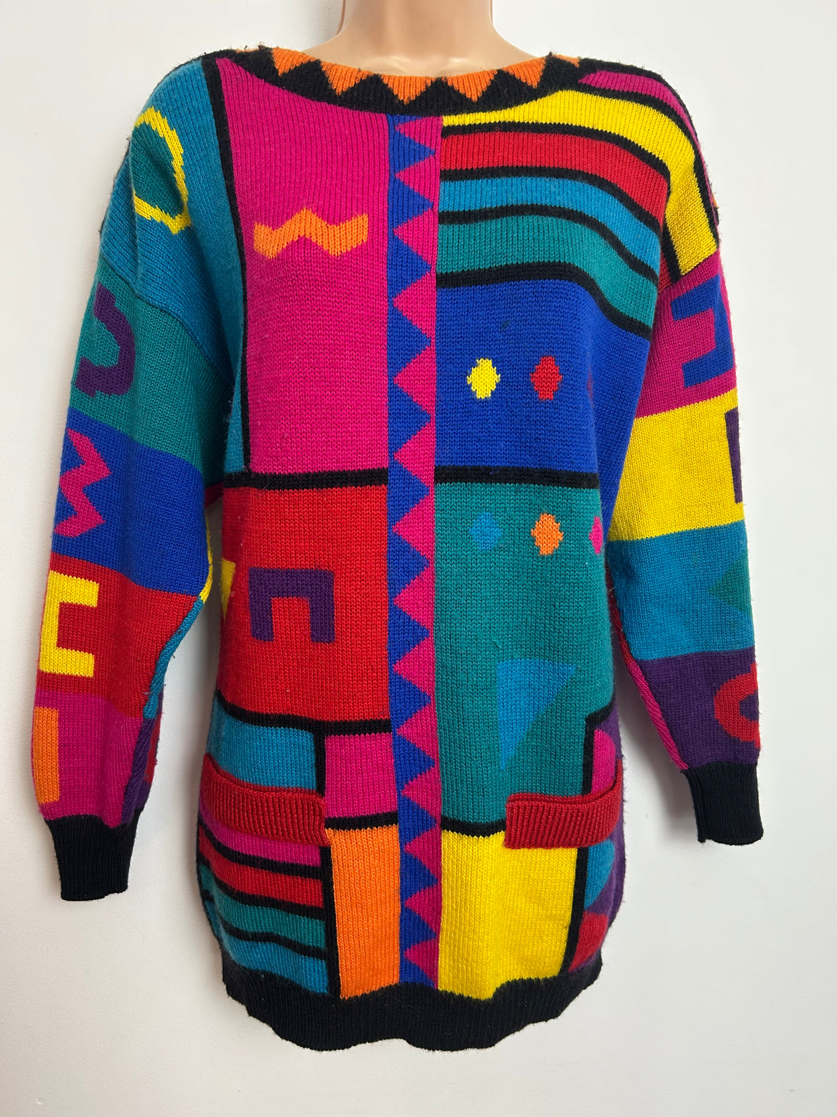 Vintage 1980s BIRDS OF Size 12-14 Bright Multicolour Abstract Geo Print Wool Mix Jumper