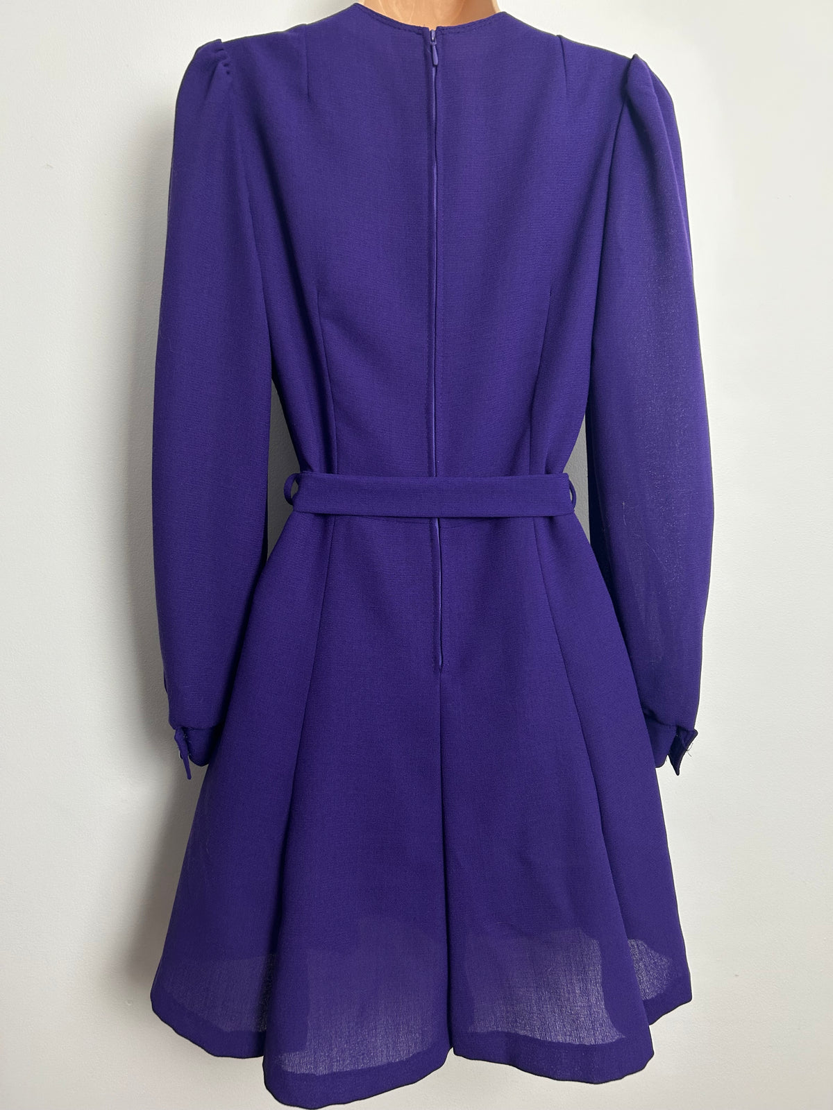 Vintage Late 1960s Size 6-8 Purple Wool Mix Long Sleeve Belted Mod Dress