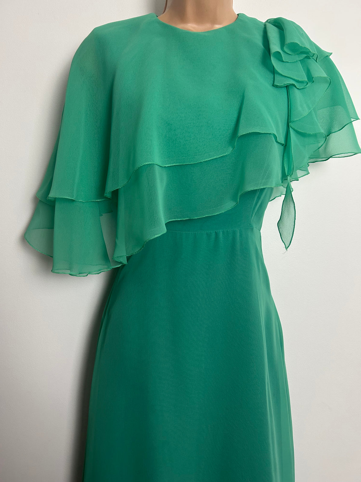 Vintage 1970s JOHN CHARLES Size 8-10 Jade Green Chiffon Layered Bodice Boho Occasion Maxi Dress