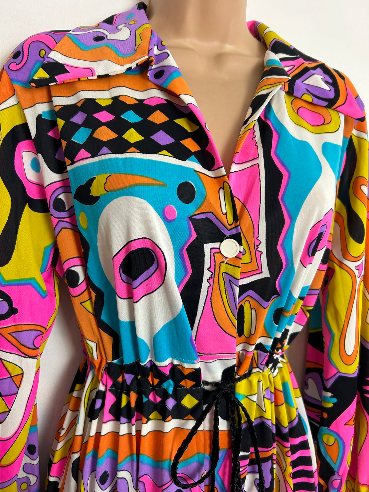 Vintage 1970s UK Size 8/10/12 Vibrant Pink Orange Blue Purple & Yellow Abstract Psychedelic Print Long Sleeve Maxi Dress