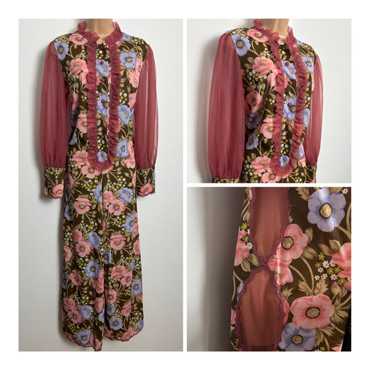Vintage Early 1970s SUPER RARE ITALIAN Size 12 Brown & Pink Floral Nylon Peekaboo Panels Hostess Jumpsuit