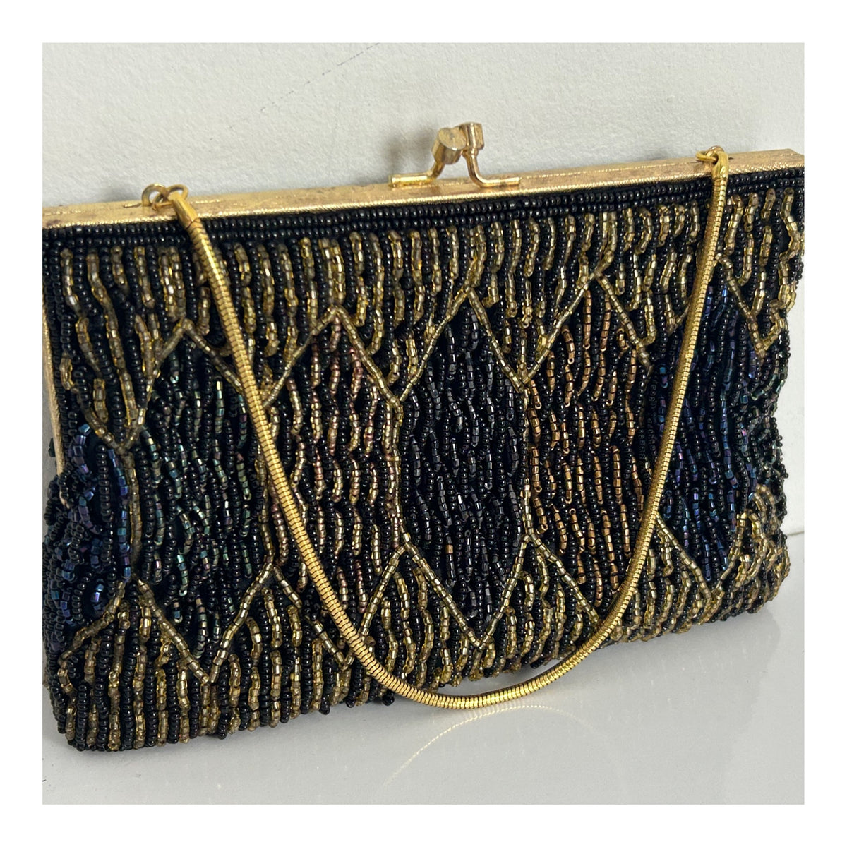 Vintage 1960s Handmade In Hong Kong Small Beaded Evening Bag With Snake Chain Handle