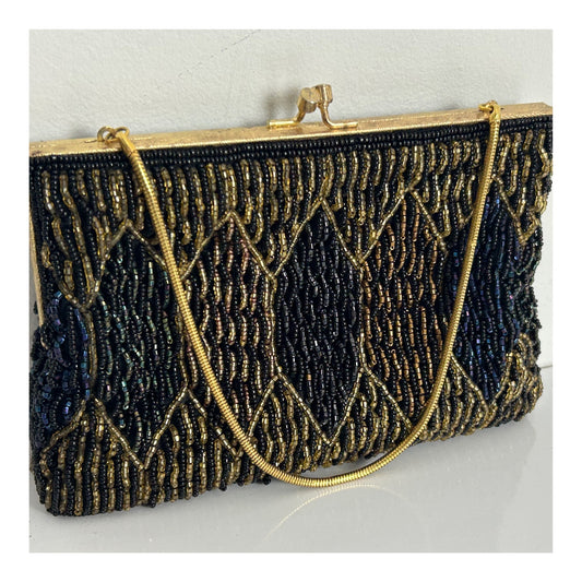 Vintage 1960s Handmade In Hong Kong Small Beaded Evening Bag With Snake Chain Handle