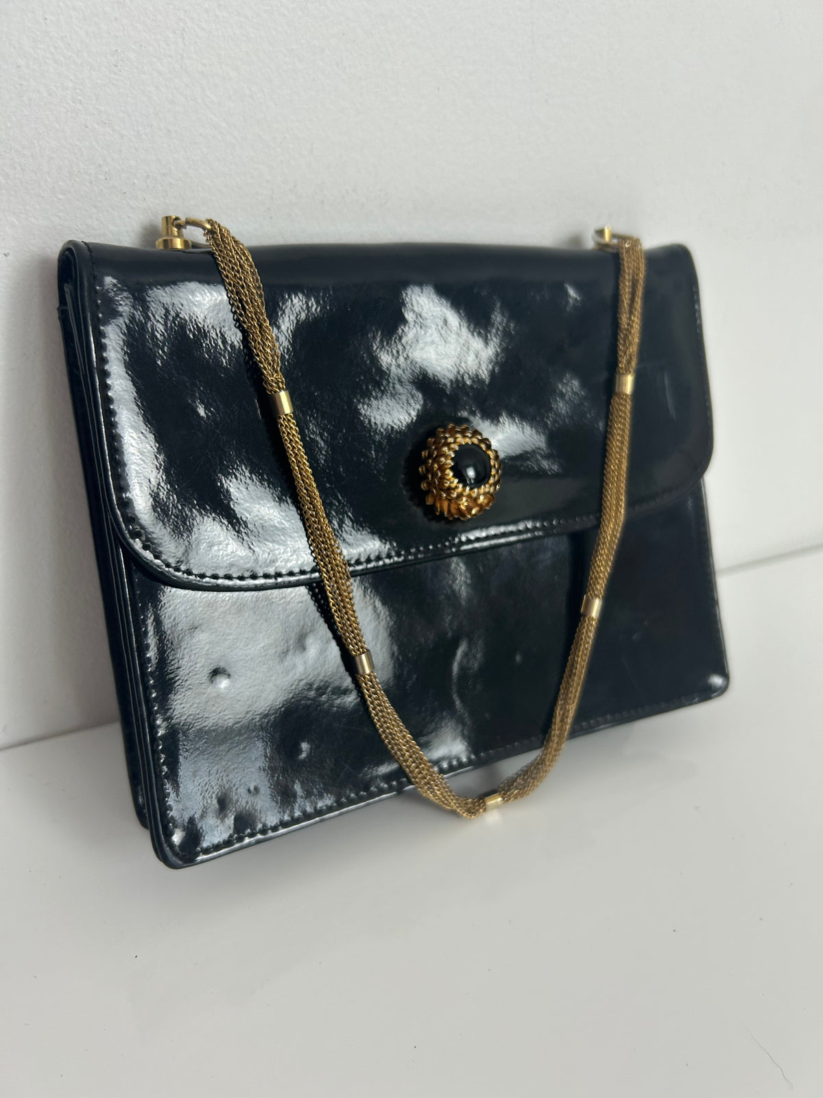 Vintage RARE Late 1960s UNUSUAL Black Patent Leather Chain Strap Handle With Screw Off Fastening