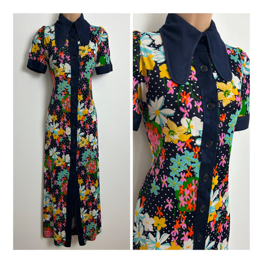 Vintage Early 1970s MINDY MALONE Size 6-8 Navy Blue & Multicolour Floral & Polka Dot Beagle Collar Maxi Dress