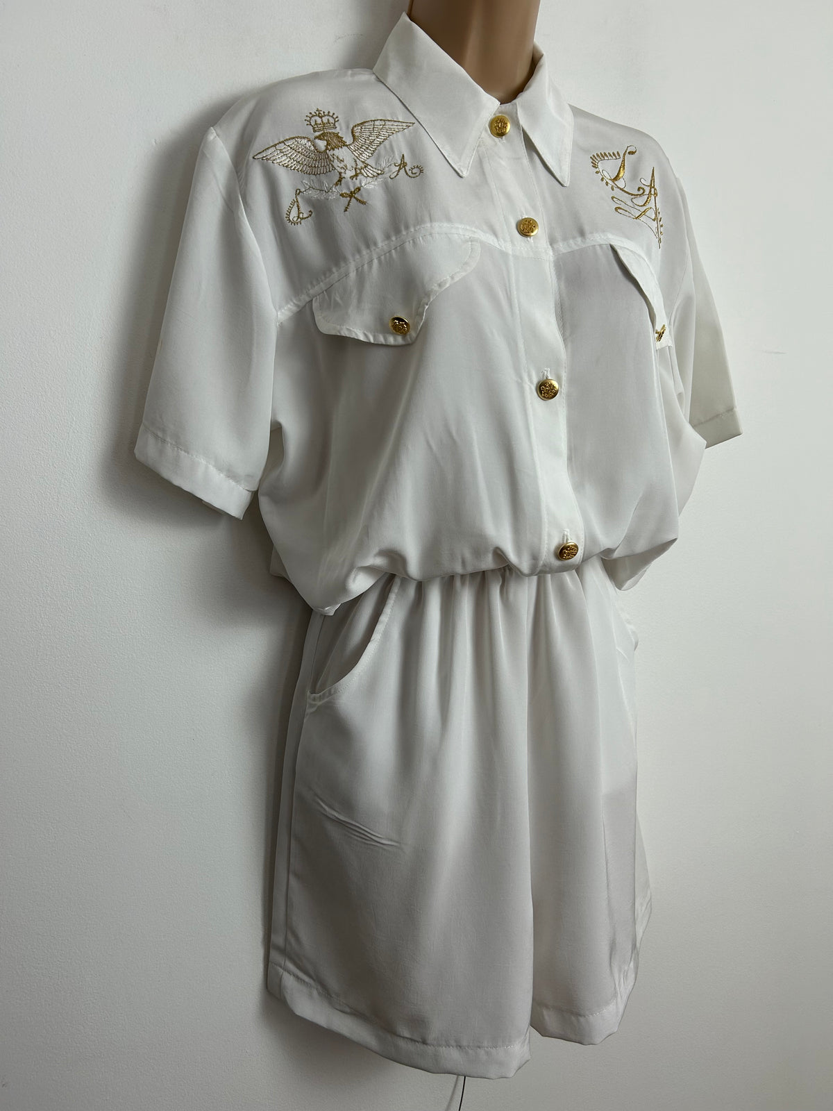 Vintage 1980s ST DENIS Size 10 White & Gold Embroidered Detail Cut Out Back Summer Playsuit