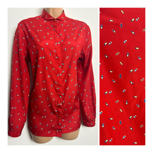 Vintage Early 1980s Size 10-12 Red Abstract Print Long Sleeve Shirt
