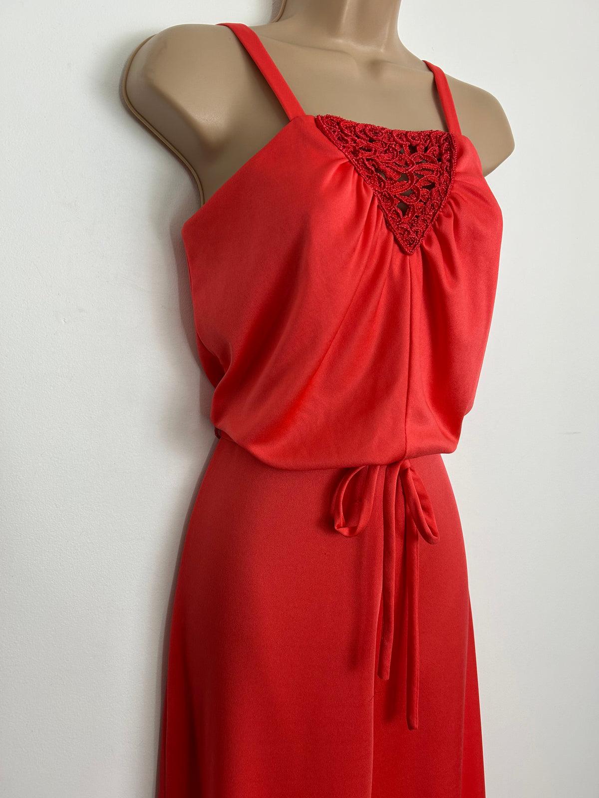Vintage Late 1970s Size 6 Tangerine Orange Crochet Lace Panel Belted Wide Leg Jumpsuit