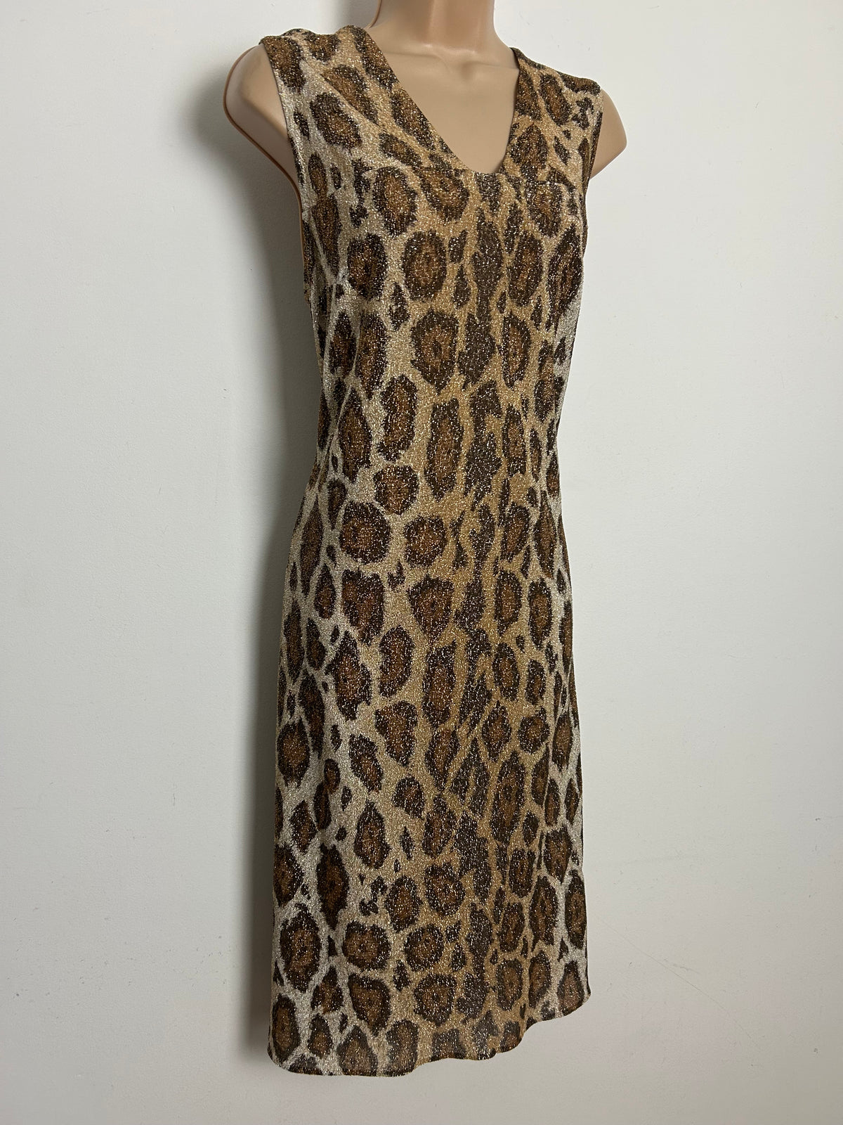 Vintage 1970s Size 12 Brown & Gold Leopard Print Lurex Sleeveless Shift Dress