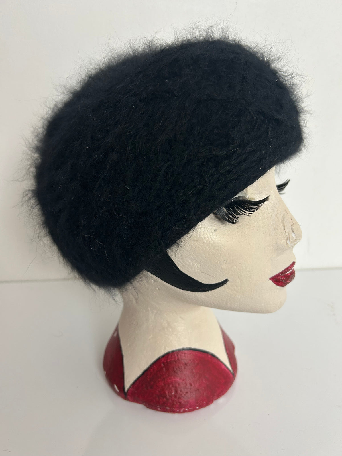 Vintage C&A Black Angora & Wool Mix Handcrafted Beanie Winter Hat