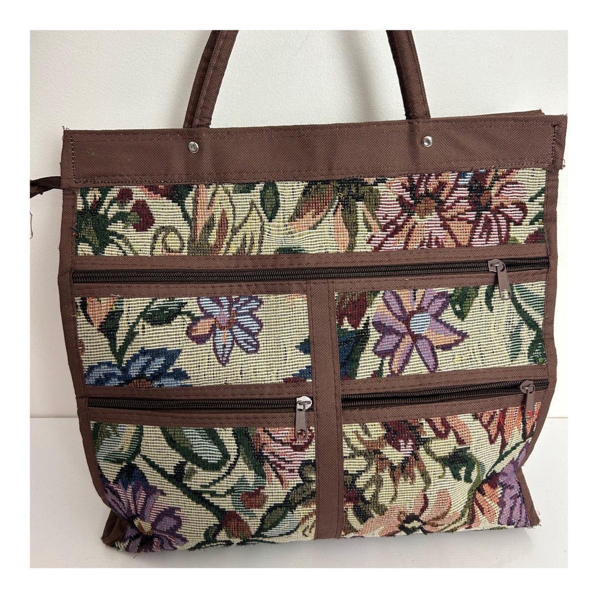 Vintage 1980s Brown Canvas Floral Tapestry Zip Pocket Shopping Bag