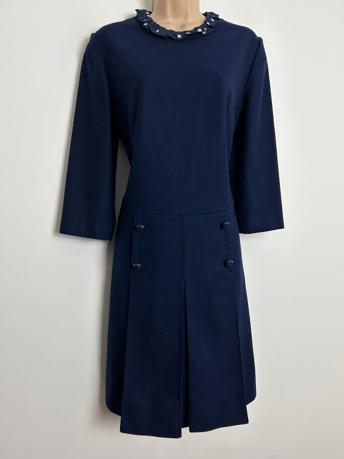 Vintage 1960s UK Size 10-12 Navy Blue Wool 3/4 Sleeve Polka Dot Collar Trim Mod Shift Dress