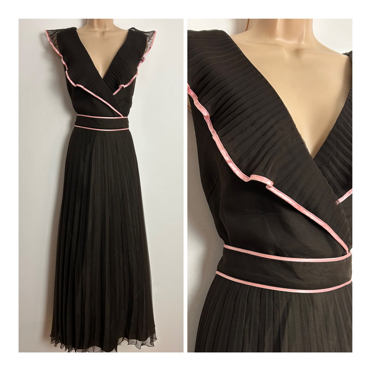 Vintage 1970s COCKTAIL HOFFMAN UK Size 12 Brown With Pink Trim Pleated Belted Occasion Dress