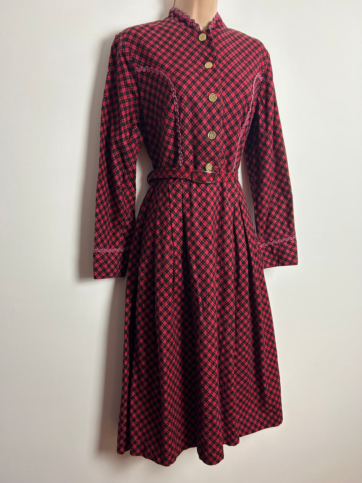 Vintage 1950s Size 12 Red & Black Check Braid Trim Long Sleeve Belted Folk Style Dress