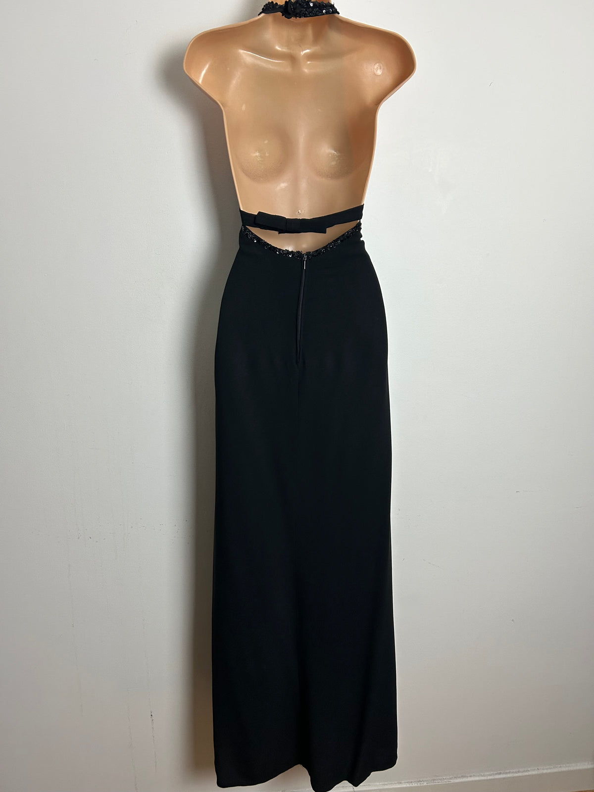 Vintage 1970s Size 10-12 BlackPure New Wool Sequin Open Back Bow Strap Halter Neck Evening Maxi Dress
