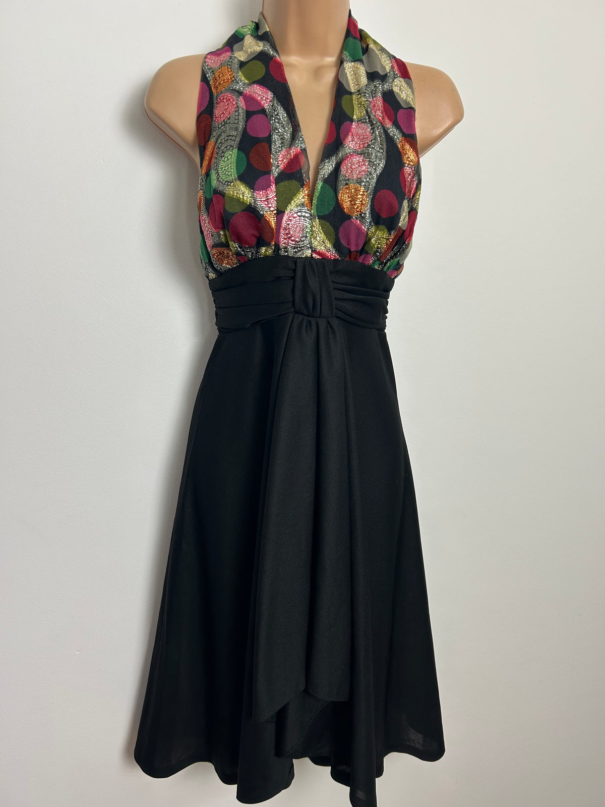 Vintage 1970s Size 6-8 Black Green Purple Maroon & Gold Lurex Spot Pattern Evening Party Dress
