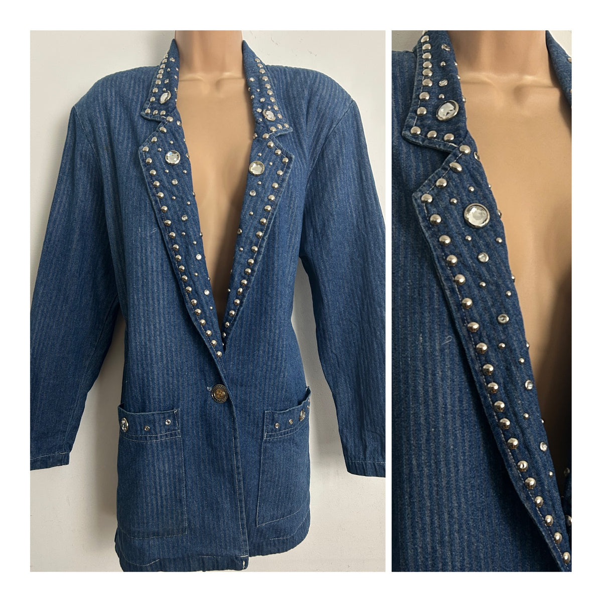 Vintage 1980s PANAMA Size 14 Pinstripe Stud & Jewel Embellished Cotton Blazer Style Denim Jacket