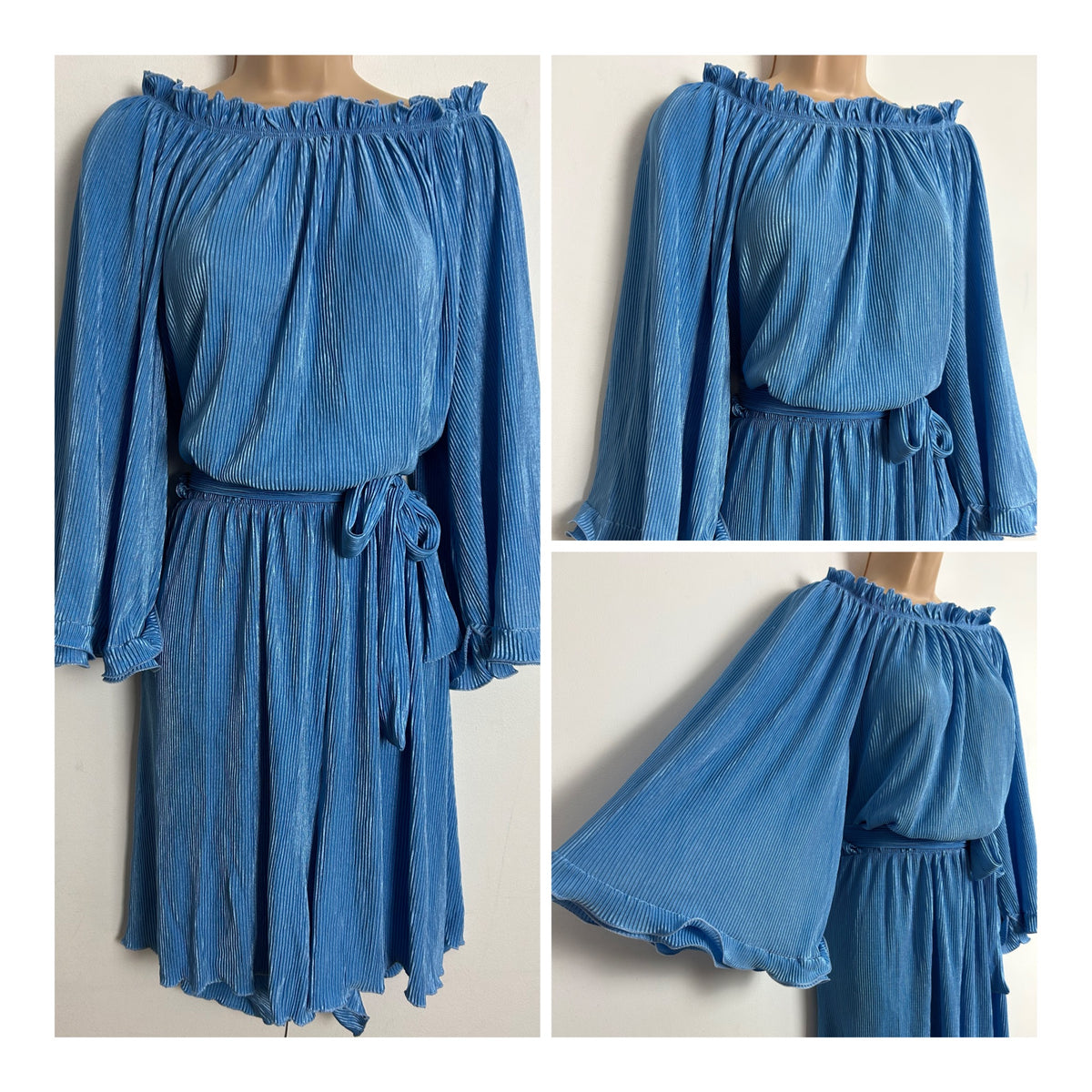 Vintage 1980s UK Size 12 Sky Blue Plisse Pleated Wide Sleeve Belted Culotte Style Playsuit