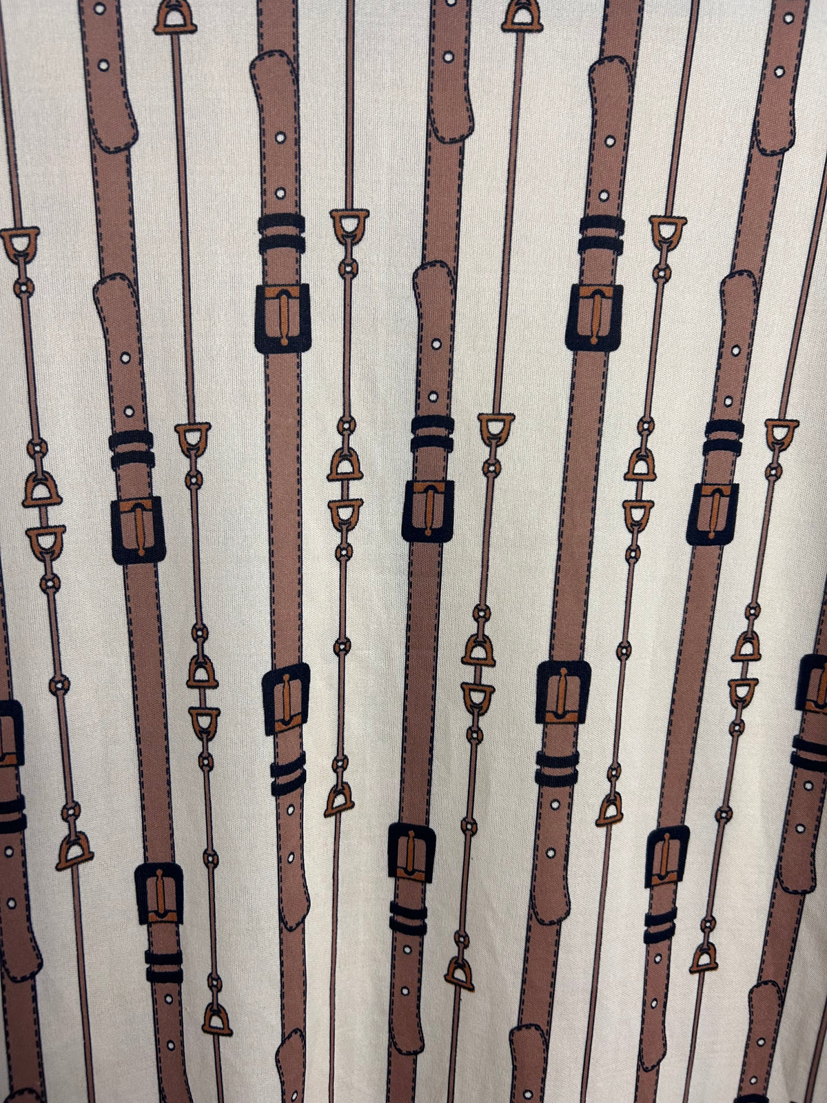 Vintage 1970s UK Size 8 Cream & Tan Brown Strap Belt & Stirrup Novelty Print Stripe Print Long Sleeve Shirt