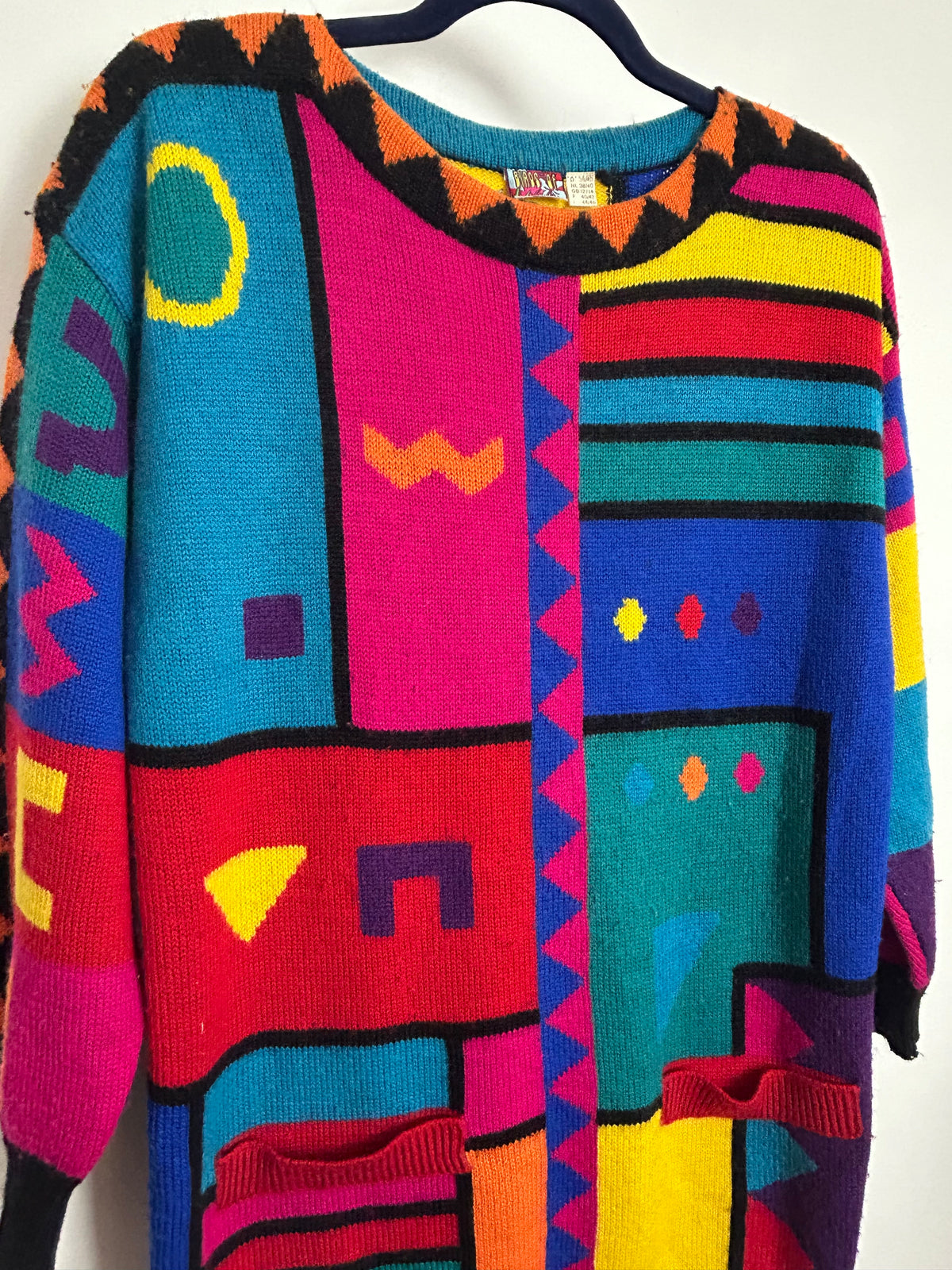 Vintage 1980s BIRDS OF Size 12-14 Bright Multicolour Abstract Geo Print Wool Mix Jumper