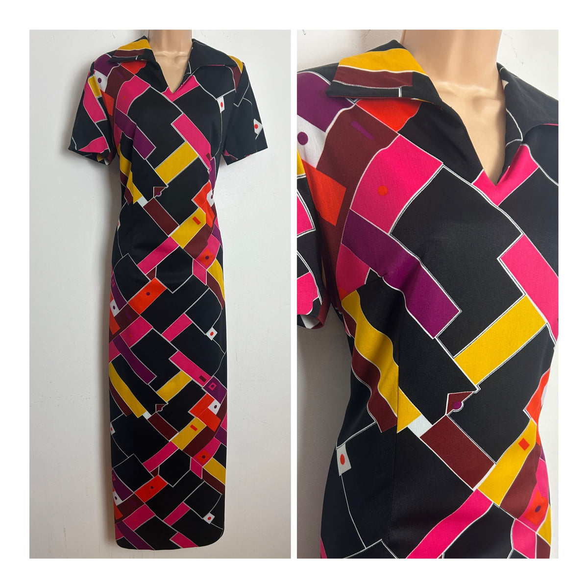 Vintage 1970s 12-14 Black Pink Yellow & Maroon Abstract Geo Print Short Sleeve Maxi Dress