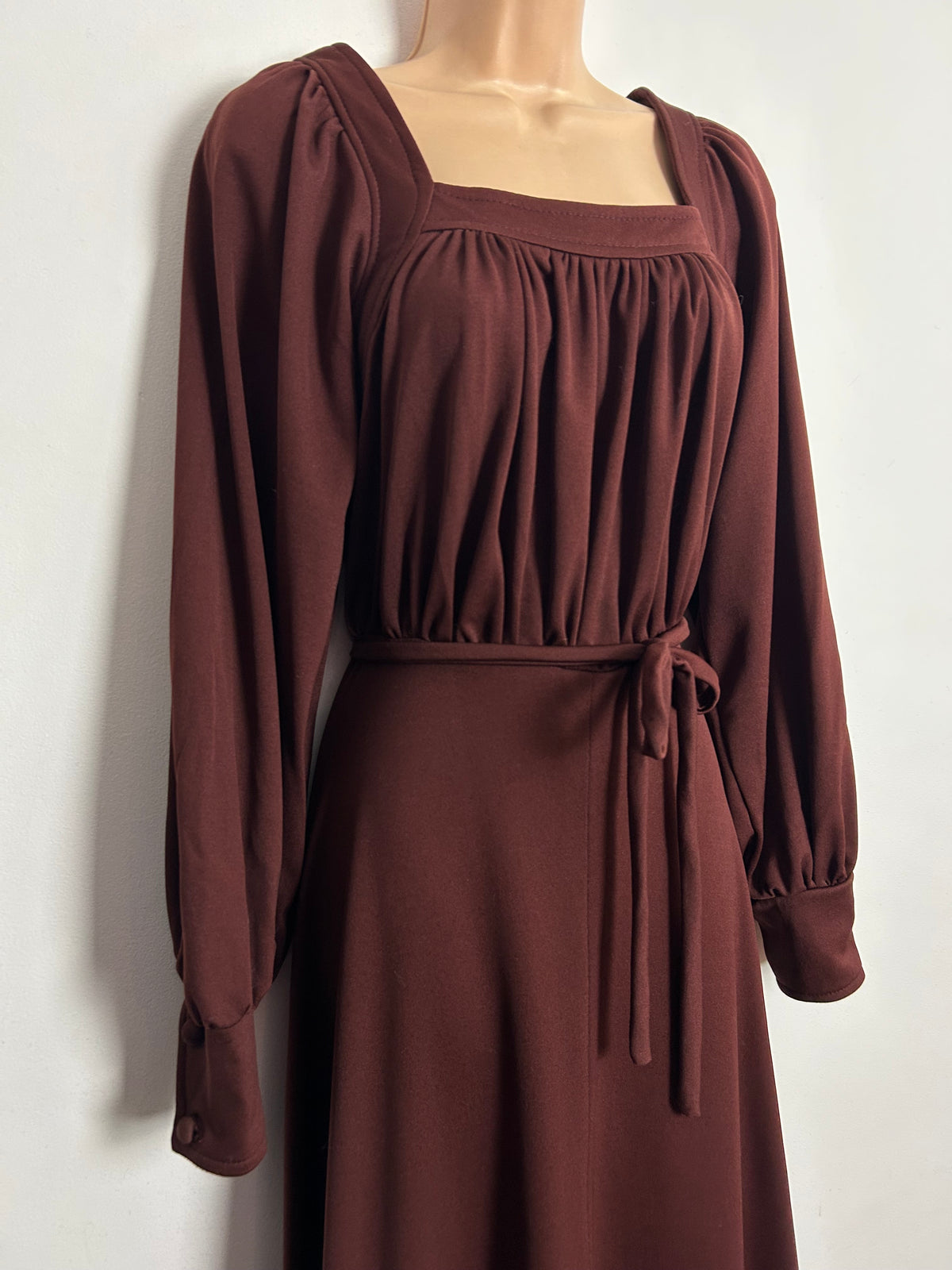 Vintage 1970s WAVE LENGTH UK Size 12 Chestnut Brown Long Sleeve Belted Boho Maxi Dress