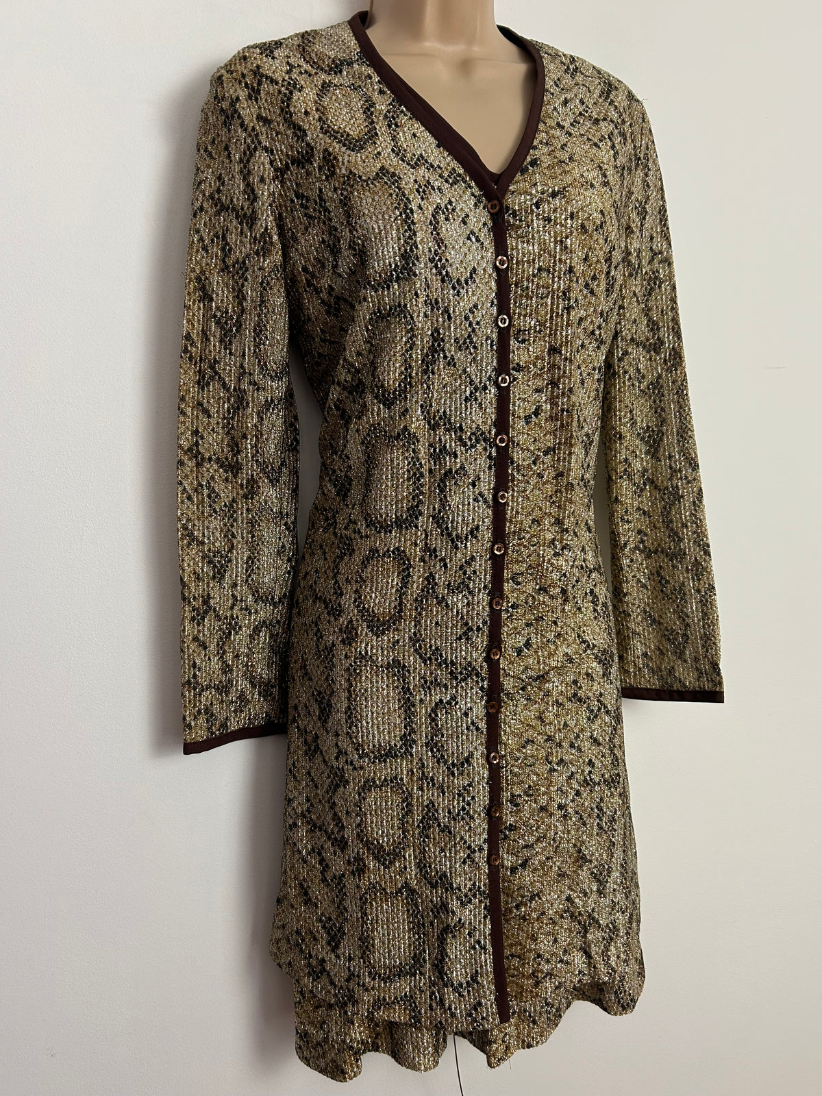 Vintage 1960s Size 8-10 Black & Gold Animal Leopard Print Lurex Mod Shift Dress & Matching Jacket