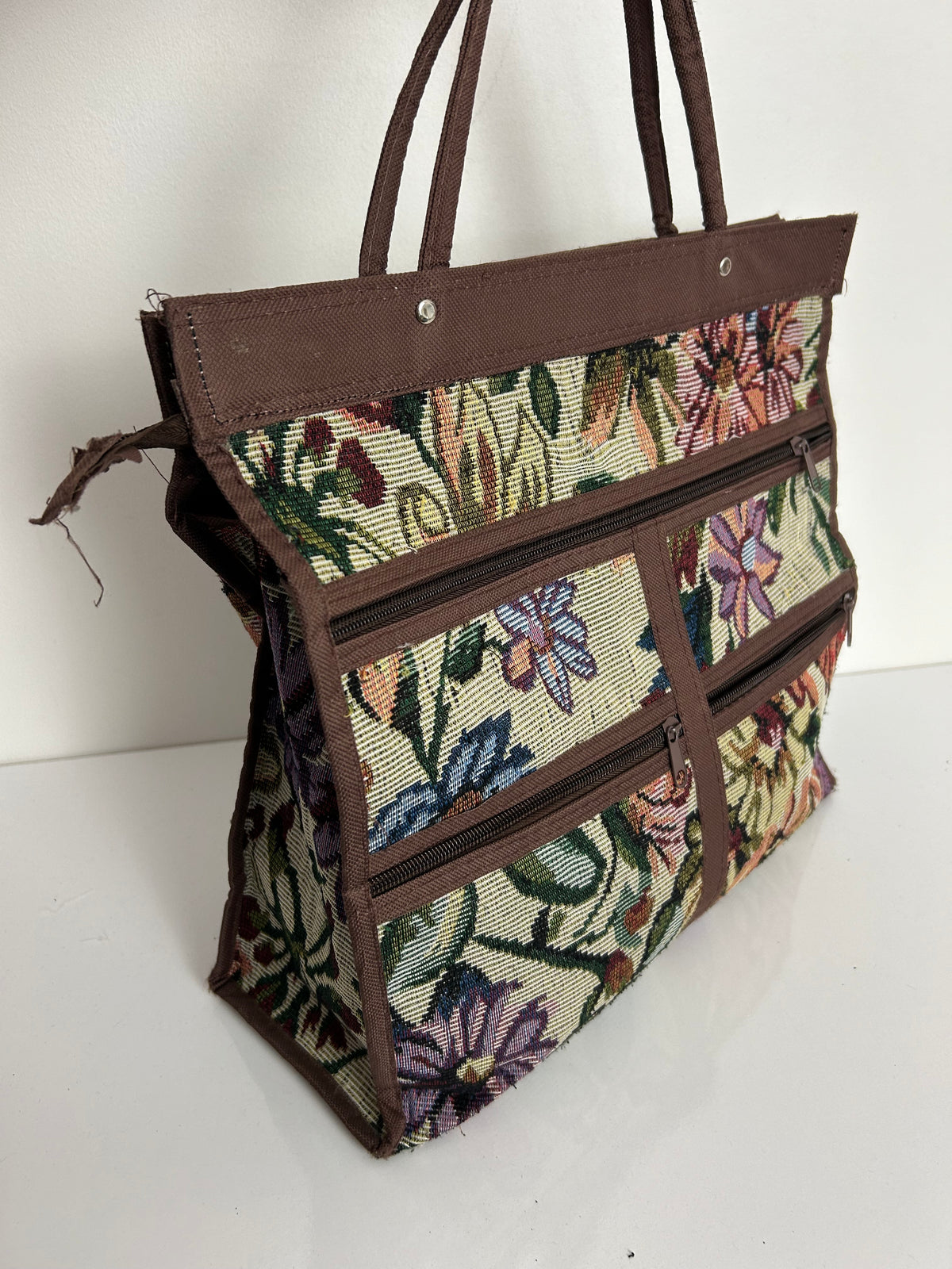 Vintage 1980s Brown Canvas Floral Tapestry Zip Pocket Shopping Bag