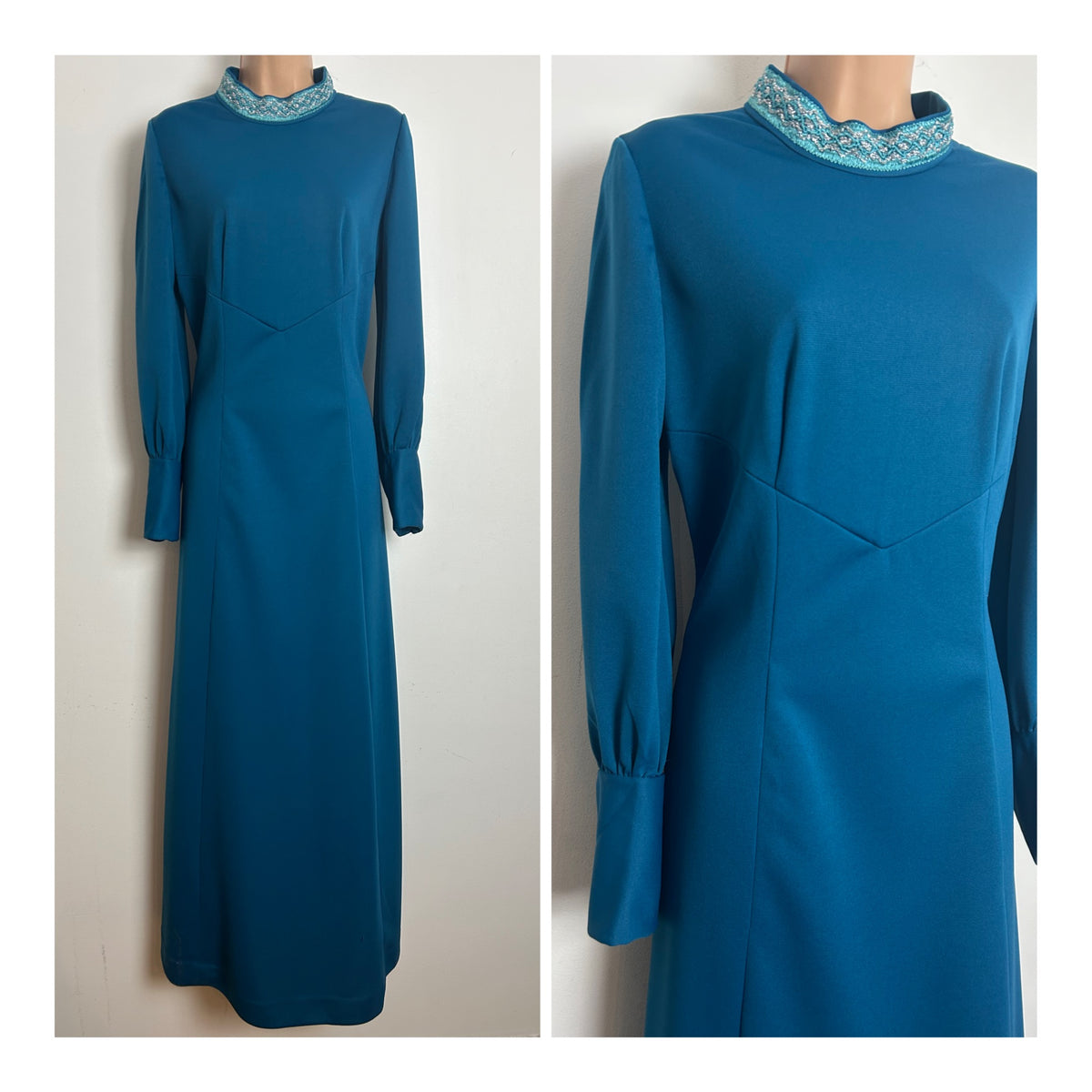 Vintage 1970s Size 12 Teal Braid Trim Long Sleeve Evening Maxi Dress
