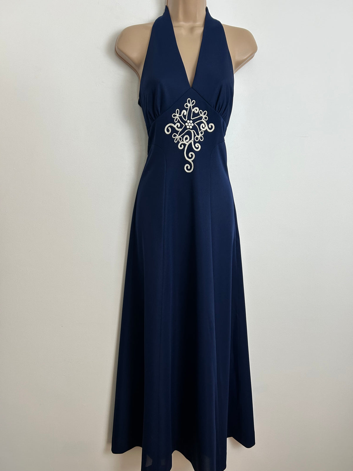 Vintage 1970s Size 8 Navy Blue Sleeveless Braid & Braid Trim Sleeveless Maxi Dress