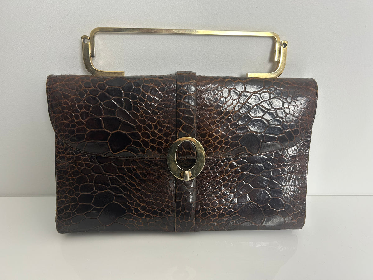 Vintage 1960s Gorgeous Mexican OTTO BULER G Brown Turtle Skin Gold Handle Handbag