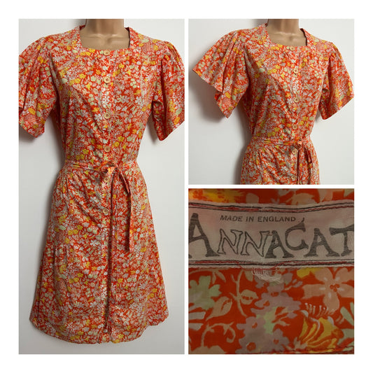 SUPER RARE Vintage Late 1960s ANNACAT Size 10-12 Orange Lemon & White Floral Print Cotton Dress