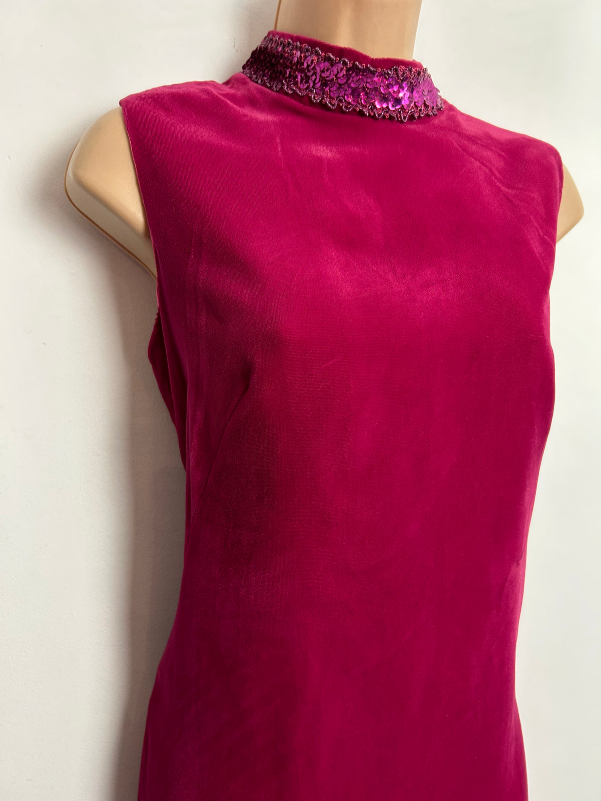 Vintage 1960s UK Size 12 Raspberry Red Velvet Sequin & Braid Trim Evening Shift Dress