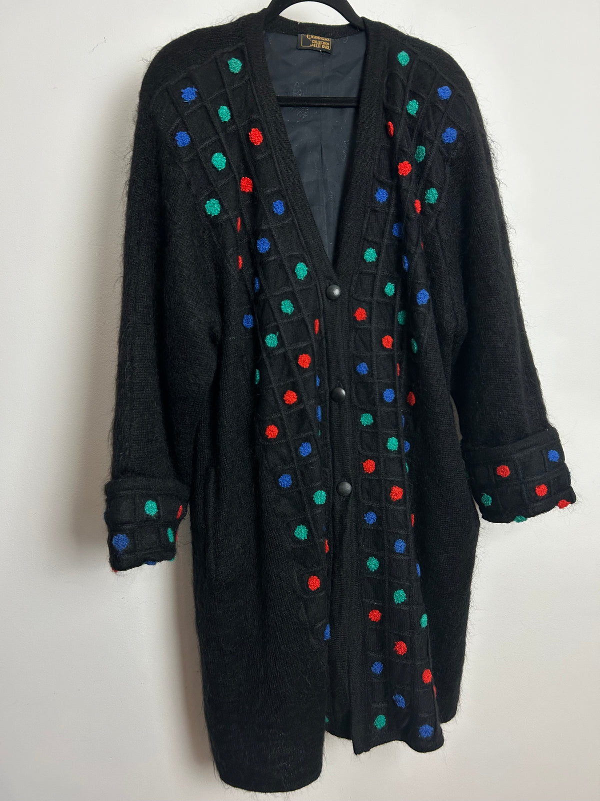 Vintage 1980s VELIT BARI Up To Size 18 Oversized Mid Length Black Spot Pattern Kid Mohair Coatigan Cardigan