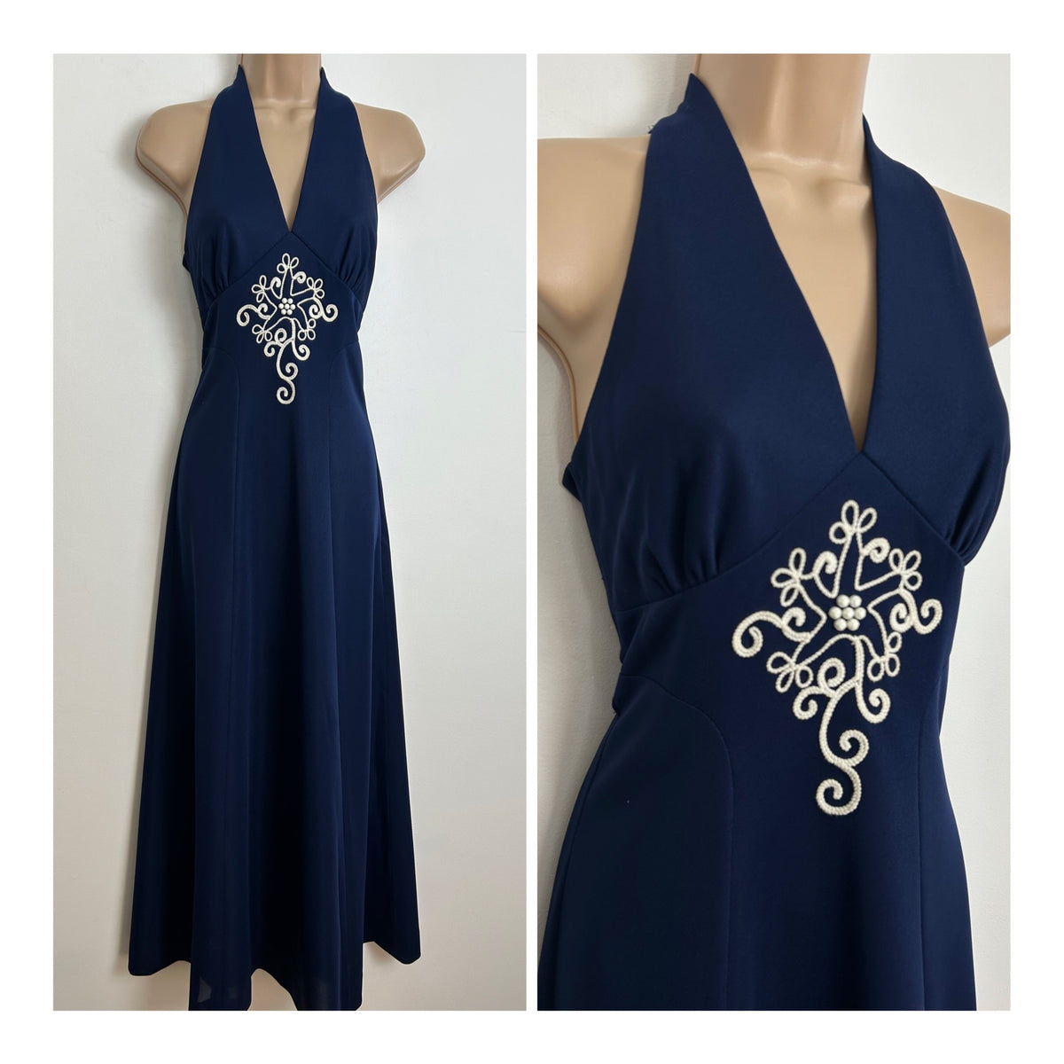 Vintage 1970s Size 8 Navy Blue Sleeveless Braid & Braid Trim Sleeveless Maxi Dress