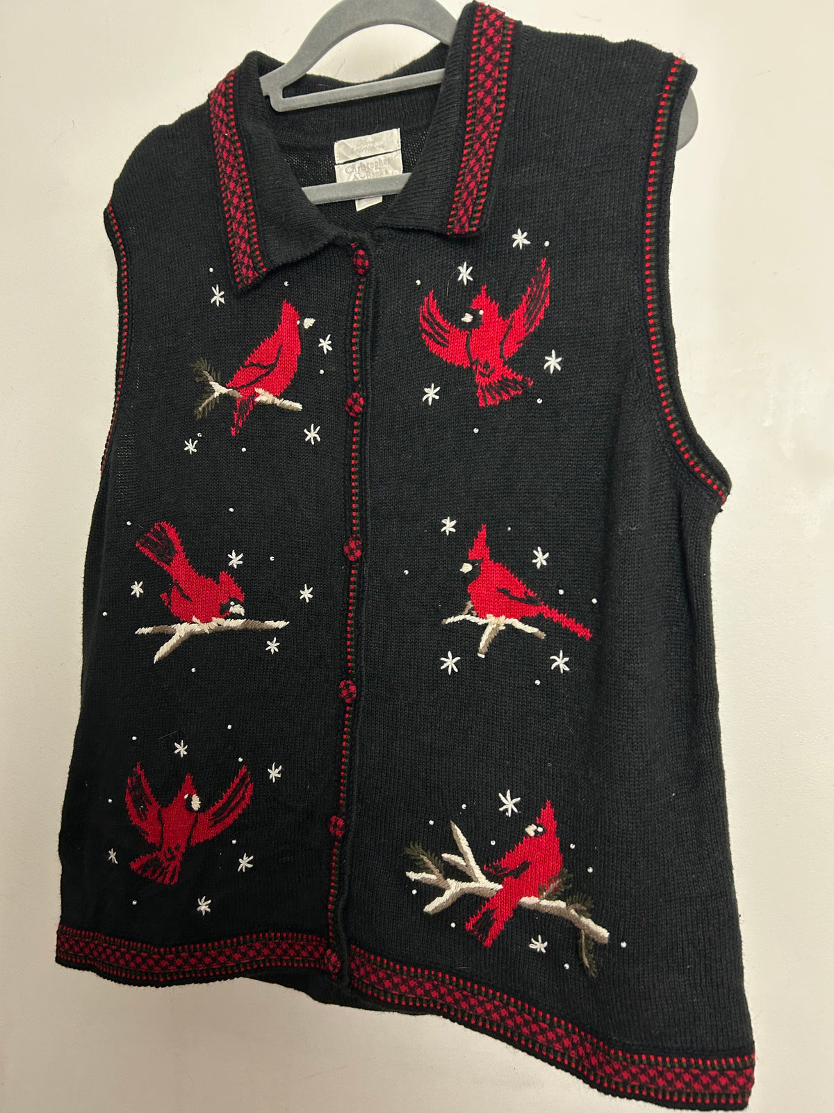 Vintage Y2K CHRISTOPHER & BANKS Up To Size 16 Black & Red Bird Pattern Sleeveless Cardigan