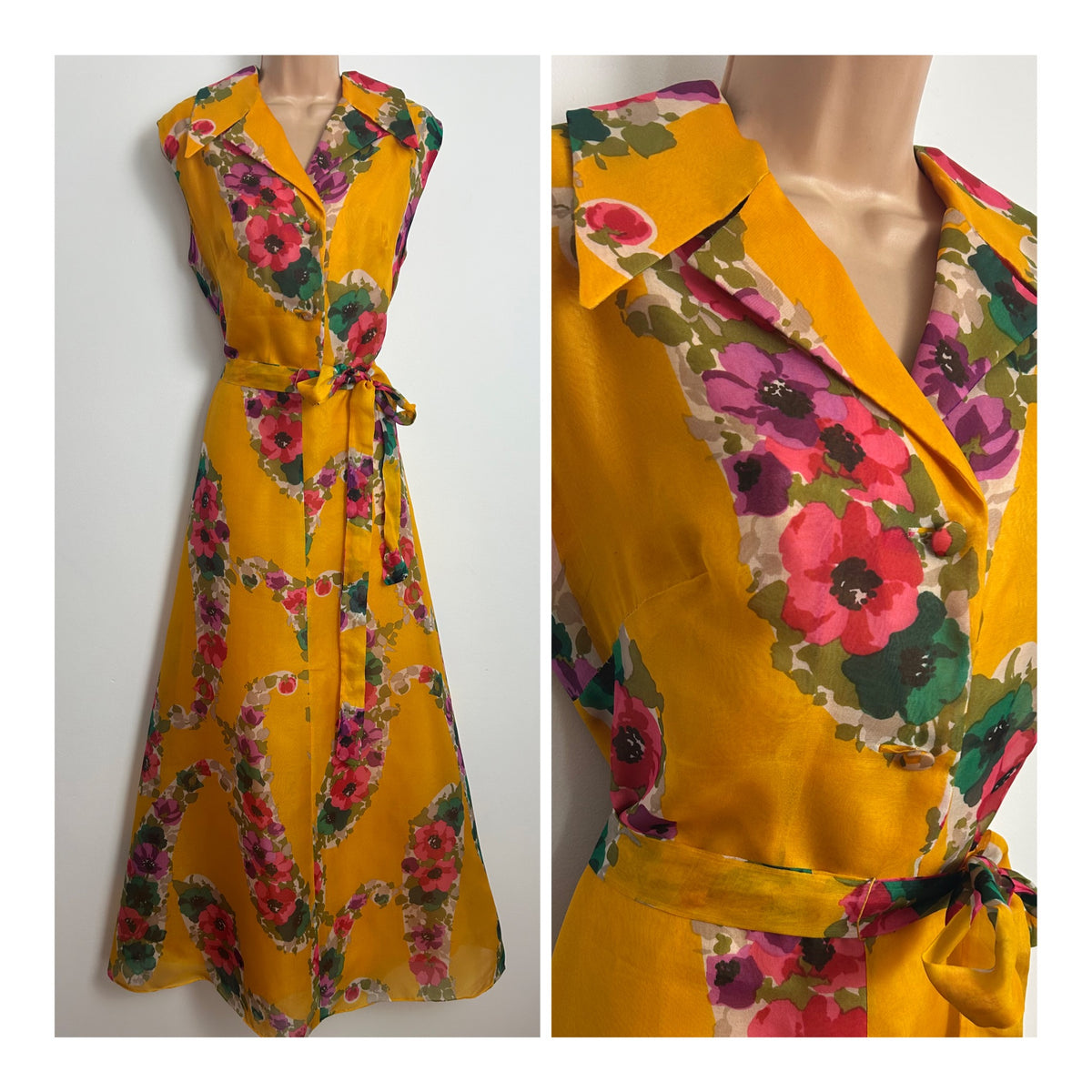 Vintage Early 1970s WOLF H BUSSE Size 14 Mustard Yellow & Pink Tones Dagger Collar Belted Maxi Dress