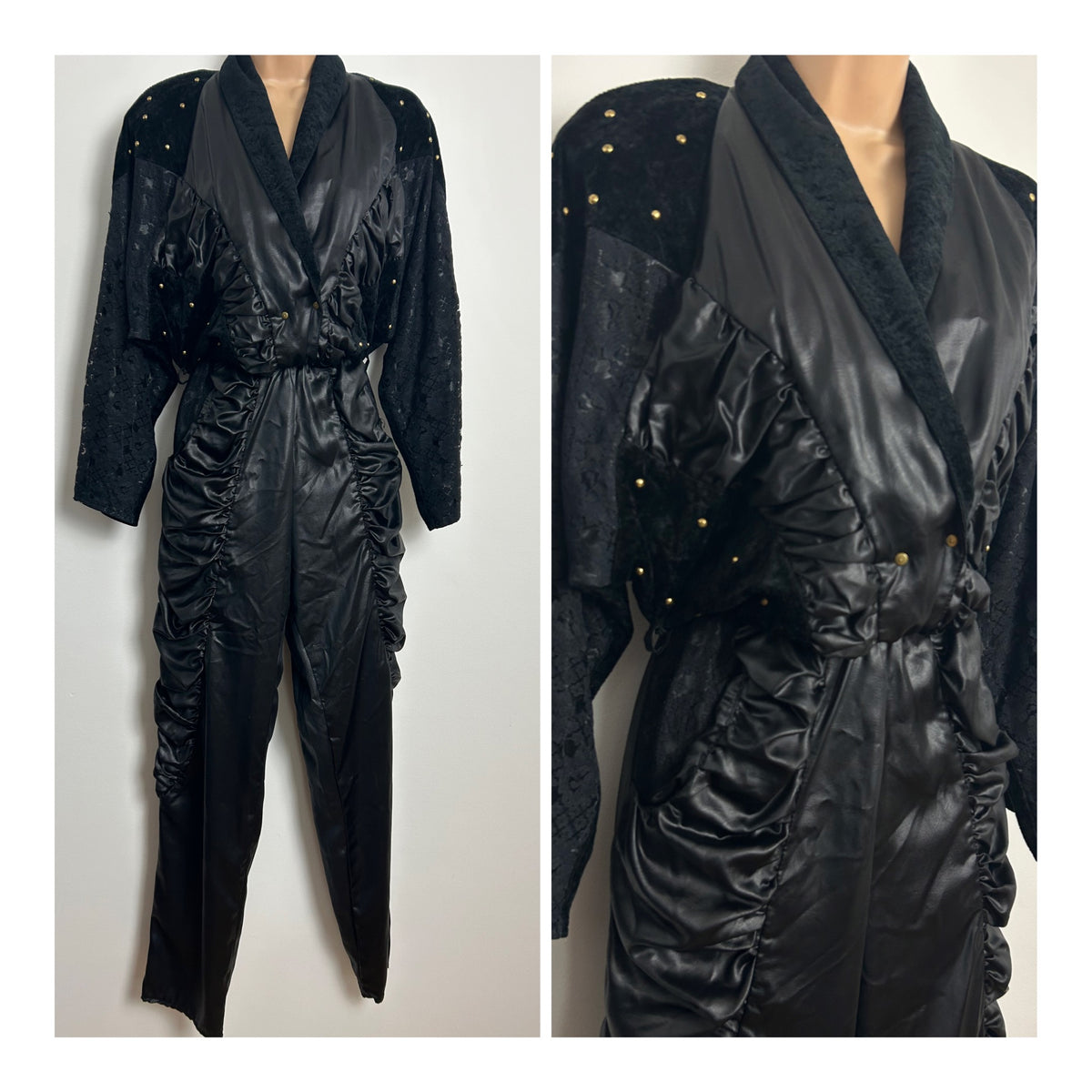 Vintage Extreme 1980s ST DENIS Size 10 Black Ruched Wet Look Studded New Romantic Gothic Vibes Jumpsuit