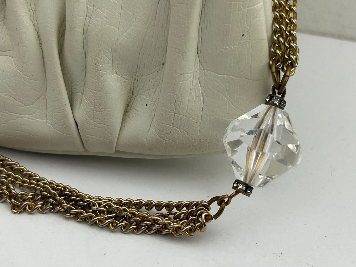 Vintage RARE 1950s Ivory Leather Beautiful Shape Handbag With Chain Strap & Hinged Mirror